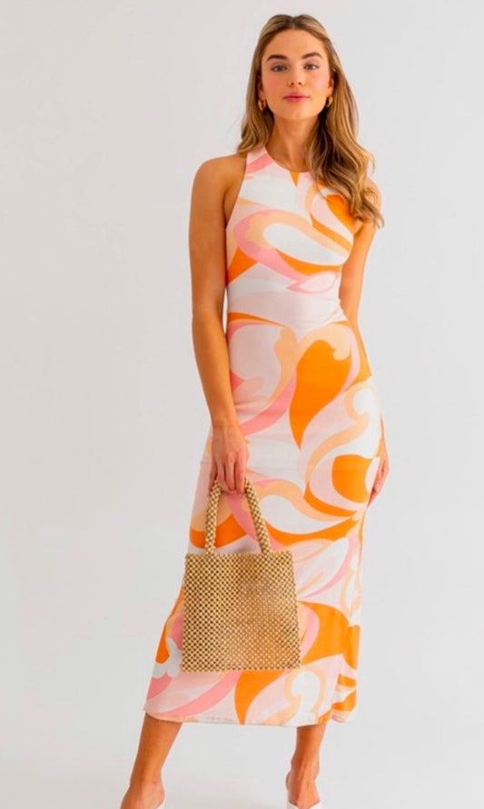 Alyda Dress in Orange and White